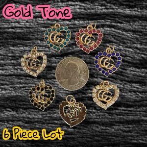 6 Piece Lot Heart Rhinestone GG Zipper Pull Button Charm